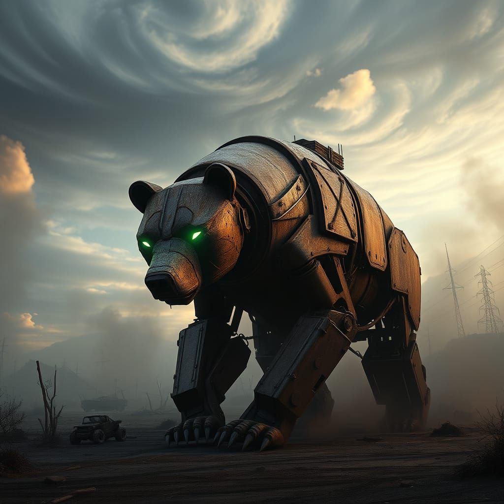 Mechanical Grizzly Bear in Post-Apocalyptic Landscape