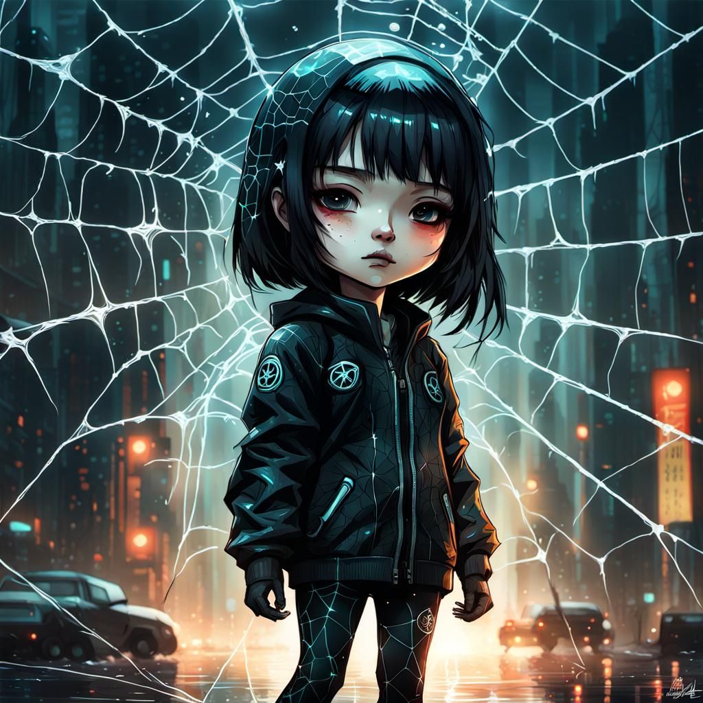 Chibi Girl in Bioluminescent Spider Web, Digital Art