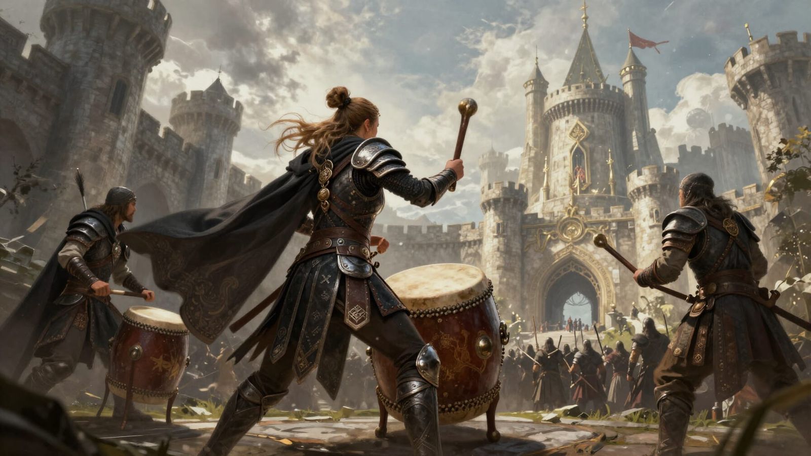 Nordic Warrior Drumming Before Ancient Castle