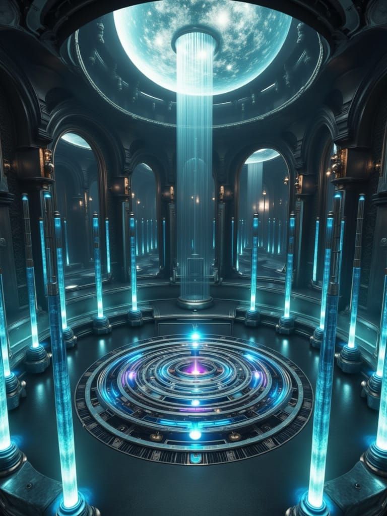 Futuristic Underground Chamber with Ethereal Light Beams