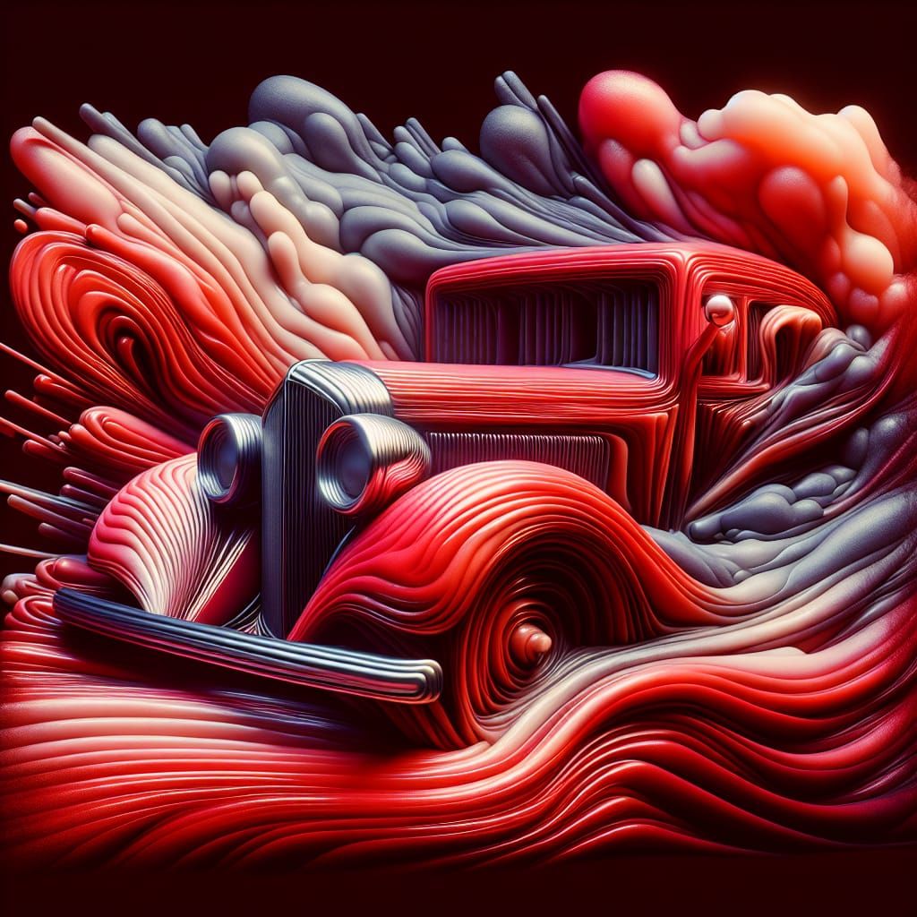Surreal Melting Car Concept Art in Scarlet Hues