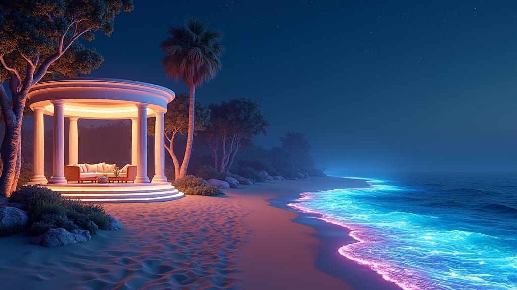 Bioluminescent Beach at Night with Starry Sky