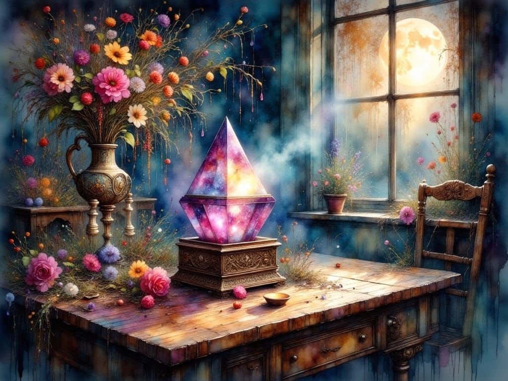 Ornate Prism Refracts Moonlight as Impasto Ink Drip