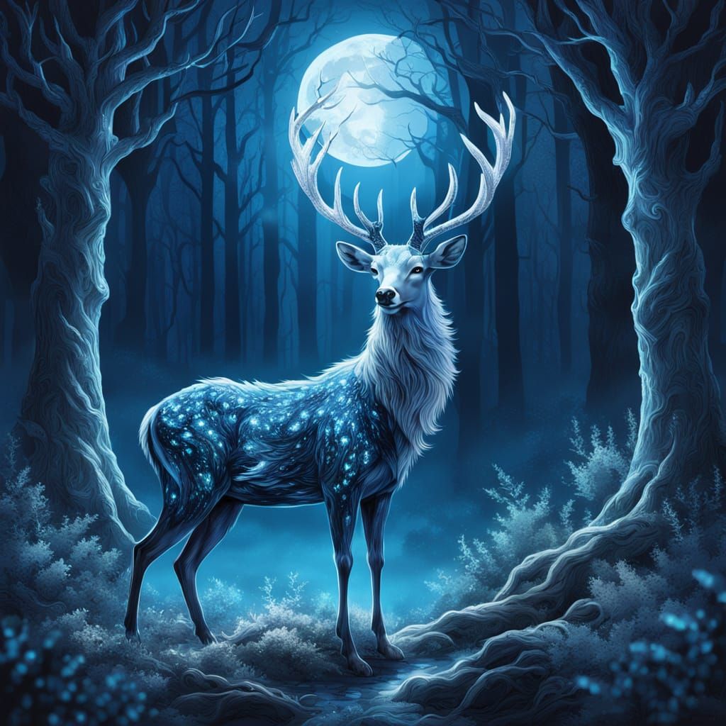 Crystal Deer in Moonlit Fantasy Forest