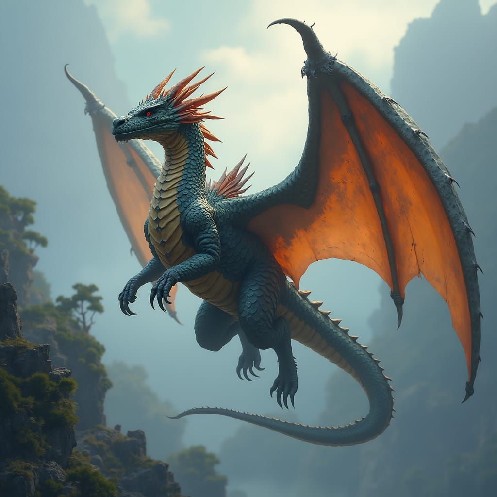 King Dragon Soaring Through Misty Skies