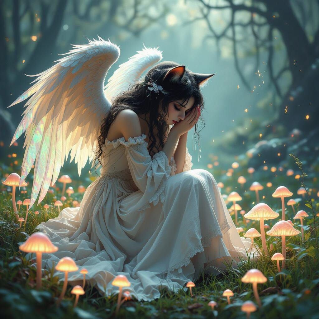 Melancholic Angel Cat in Bioluminescent Mushroom Field
