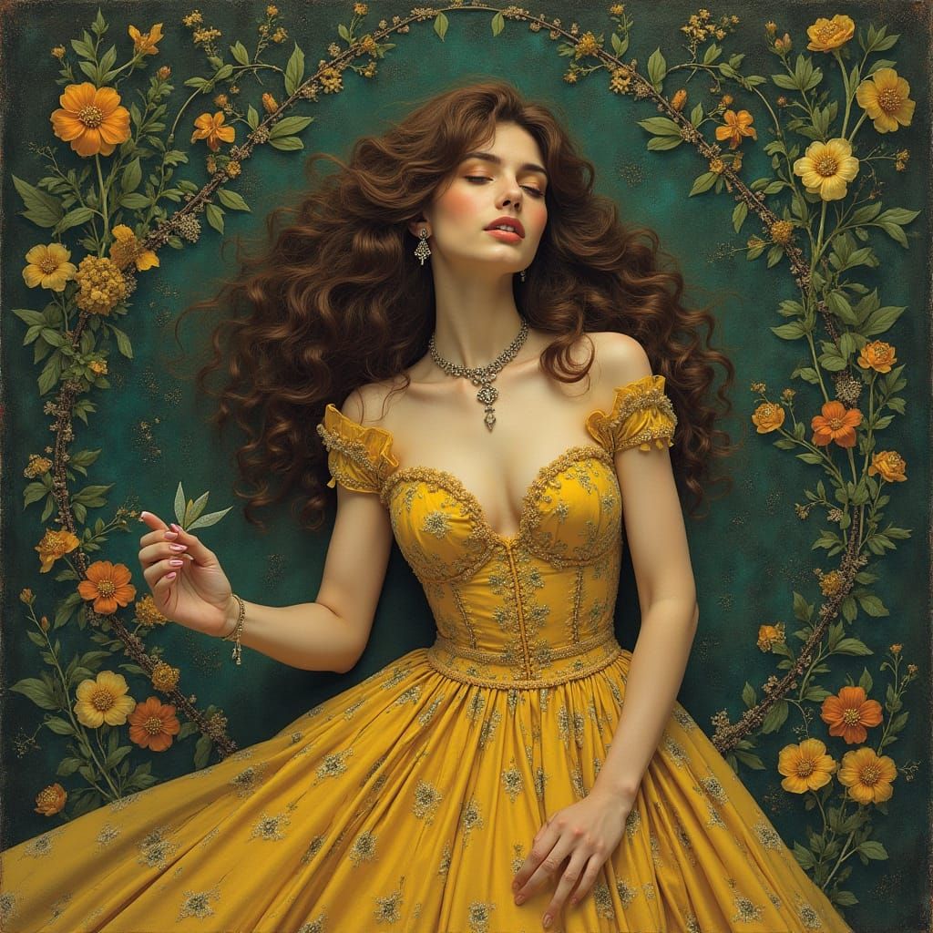 White Peacock Wandering Through Forest, Art Nouveau