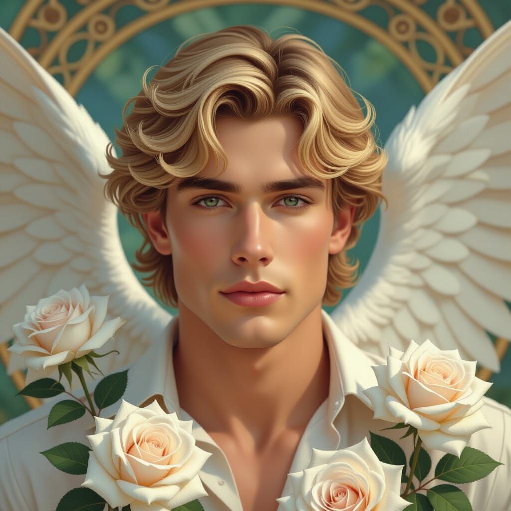 Angelic Portrait with Roses in Art Nouveau Style