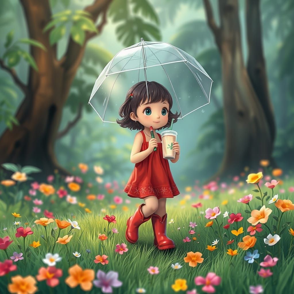 Little Girl with Umbrella in Dreamy Rainforest, Mixed Media