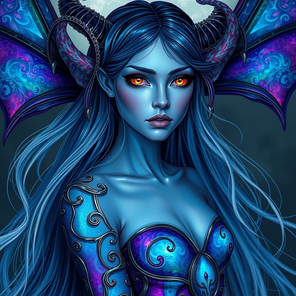 Ethereal Fae of Evil Descent with Indigo Skin and Liquid Sil...