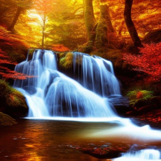Serene Autumn Waterfall Digital Illustration