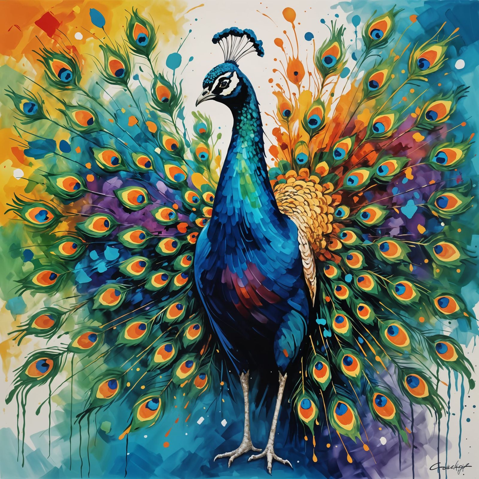 Vibrant Peacock in Action, Splattering Colorful Paint