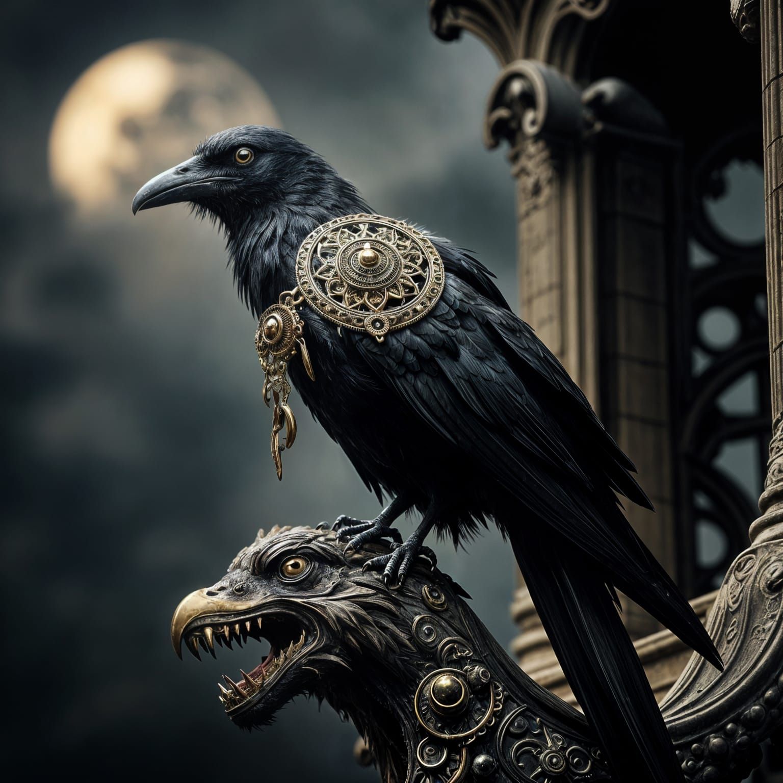 Gothic Clockwork Raven on Cathedral Gargoyle