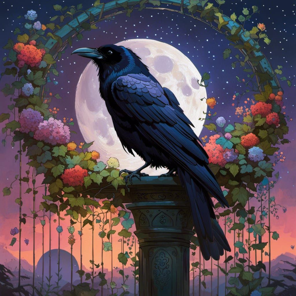 Raven Perched Under Moonlit Arbor: Oil Painting Style