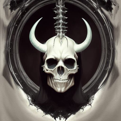 Dark Noir Horror: White Skull with Demonic Horns