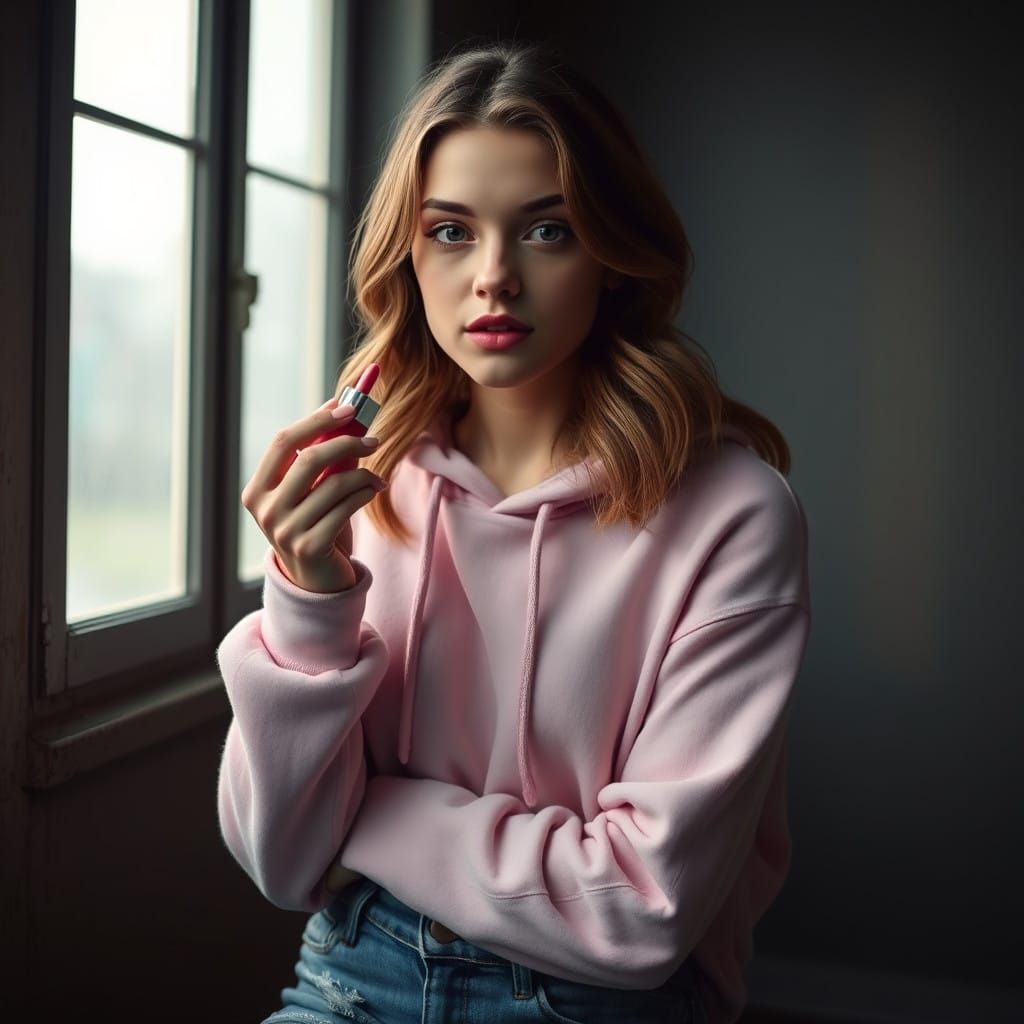 Hyperrealistic Portrait of a Young Woman Applying Lip Gloss