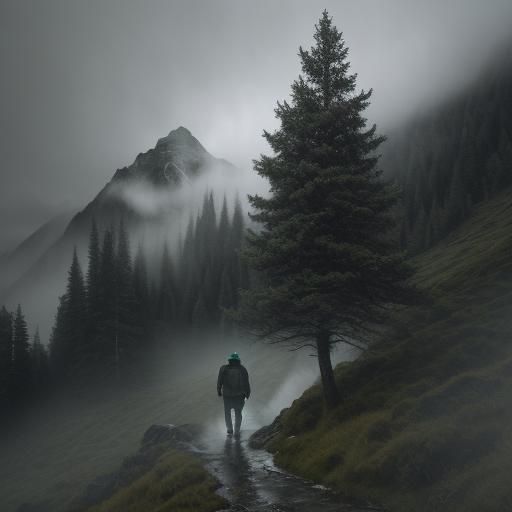 Hiker in Alps During Rain: Atmospheric Landscape Photo