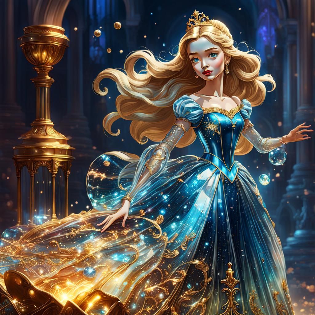 Detailed Cinderella in Glass Dress, Hyperrealistic Art