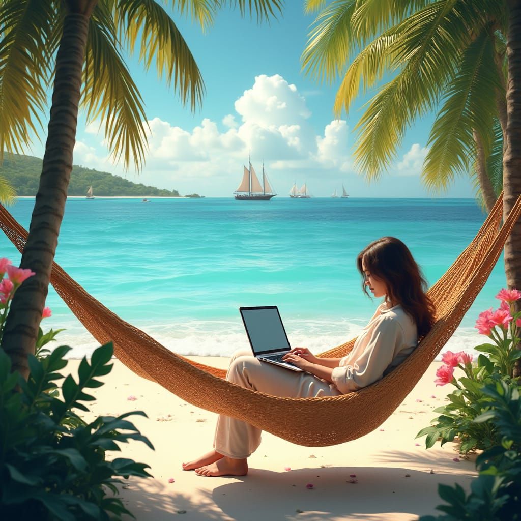 Serenity in Tropical Paradise, in Whimsical Digital Art