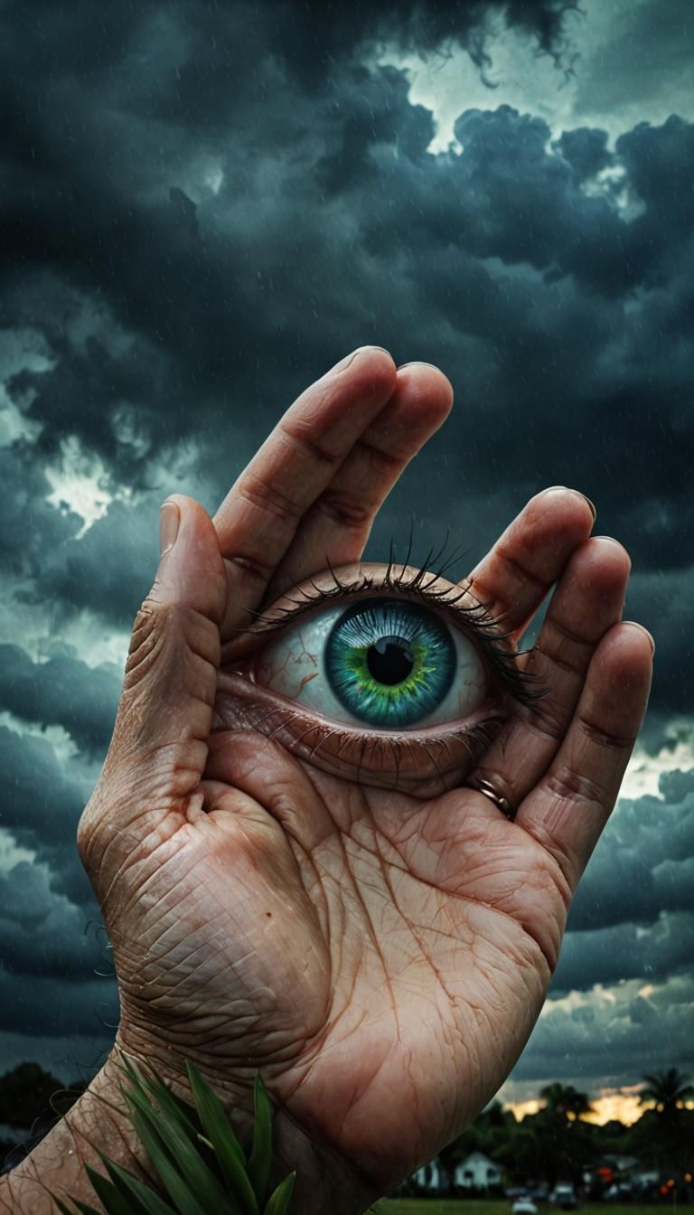 Digital artwork featuring a human hand with an eye embedded ...