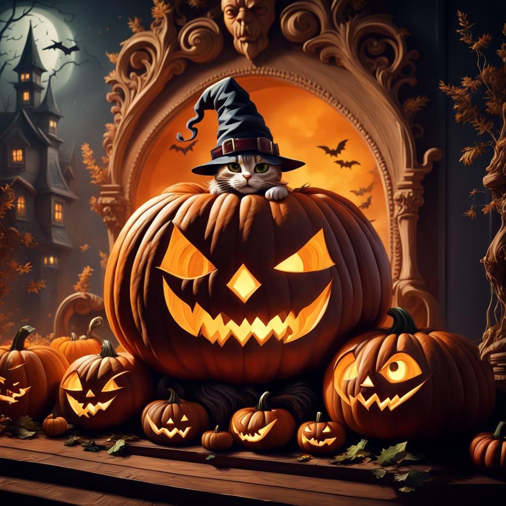 Halloween cat in pumpkin