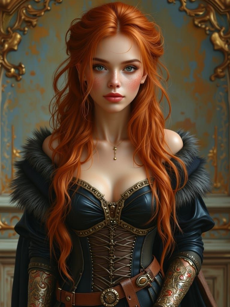 Portrait of Auburn-Haired Woman in Silk and Fur