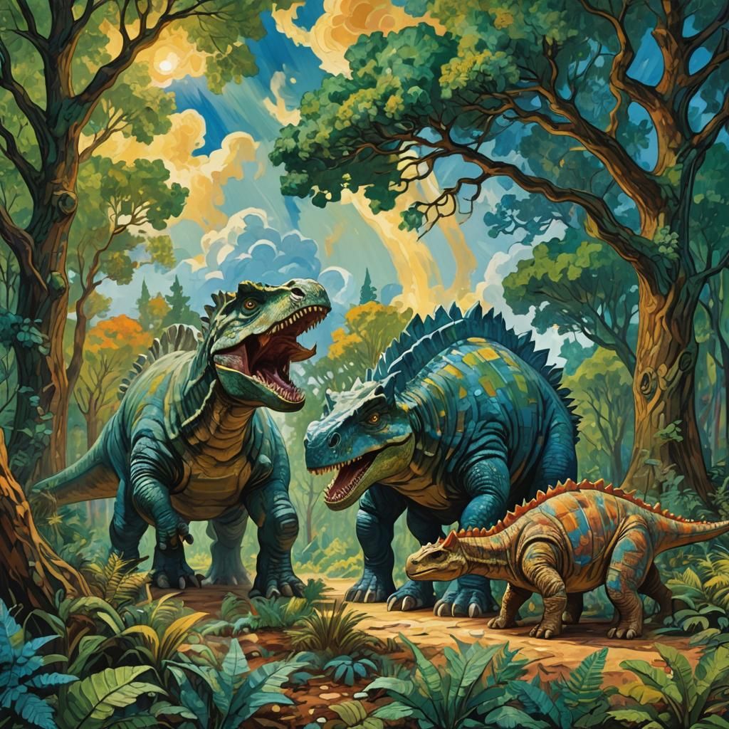 Ancient Beasts Clash in a Lush Jurasstic World, in the Style...