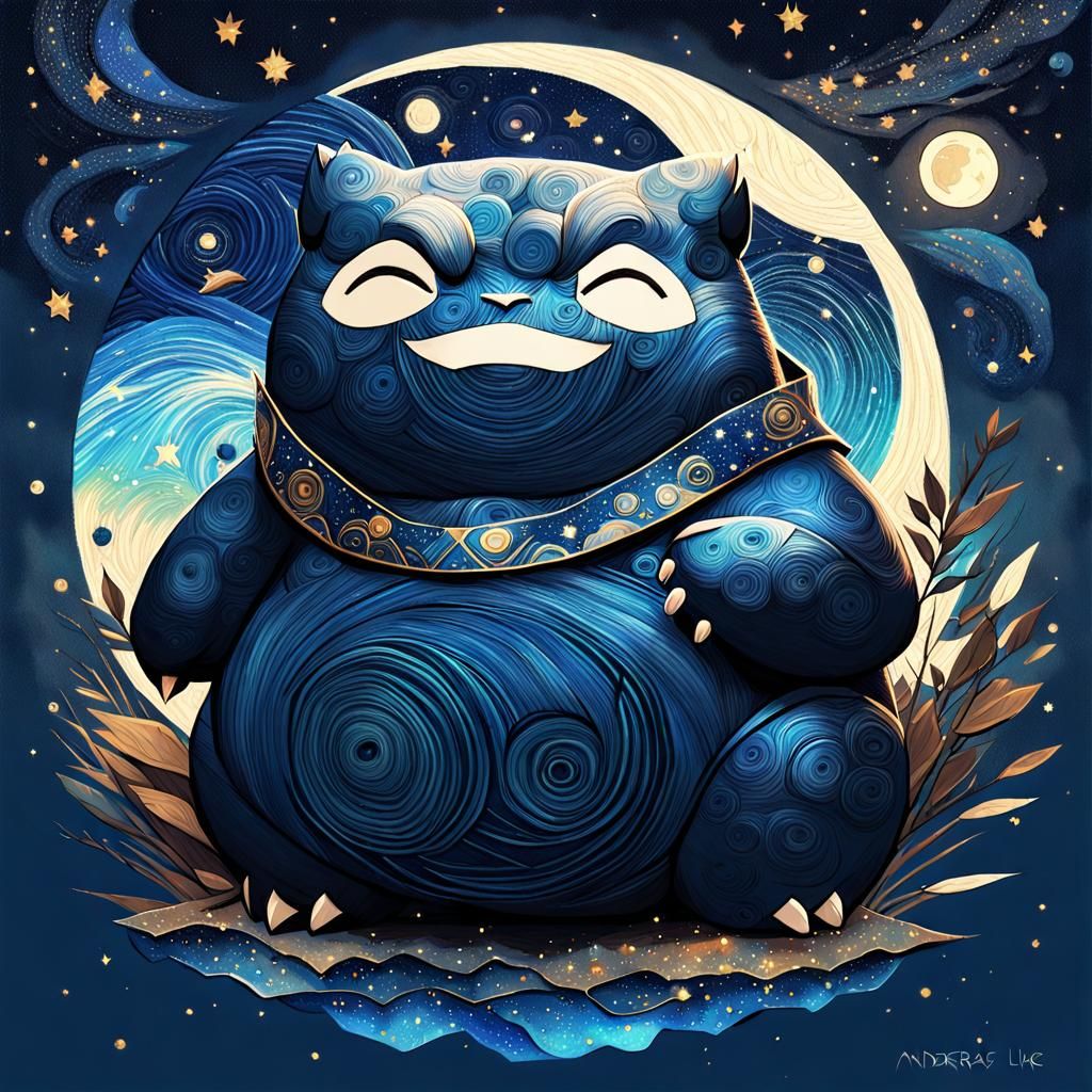 Chibi Snorlax in Starry Night Fantasy Illustration