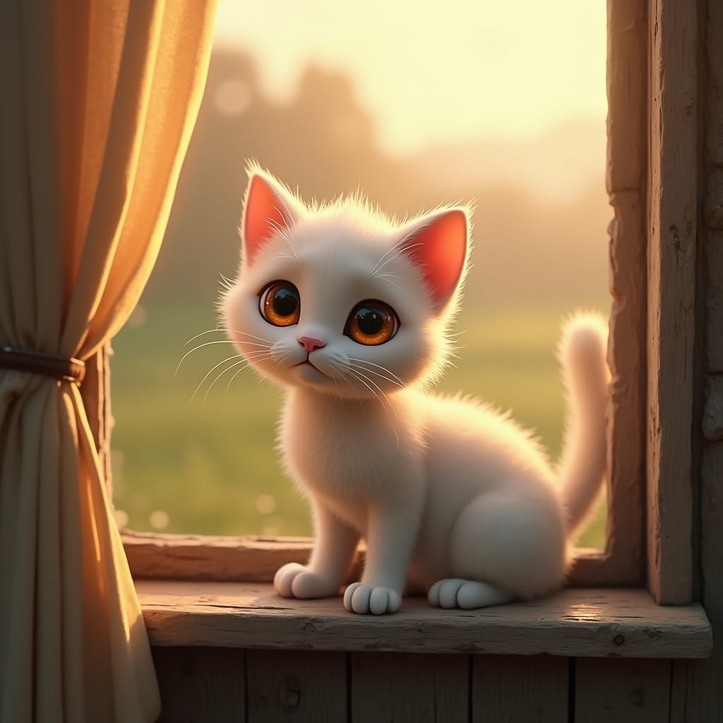 Whimsical Cottage Scene with a Dreaming White Cat