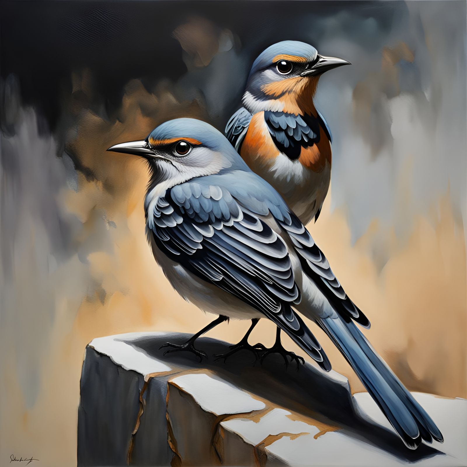 Mockingbirds on Stone: Detailed Professional Painting