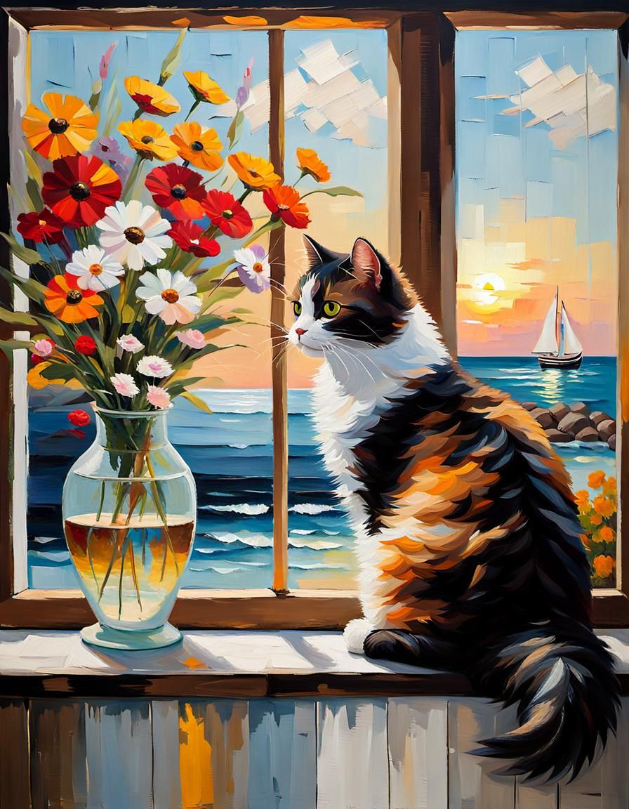 Impasto Cat Contemplates Beach Through Floral Window