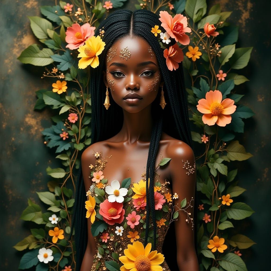 African Earth Goddess Adorned with Flowers