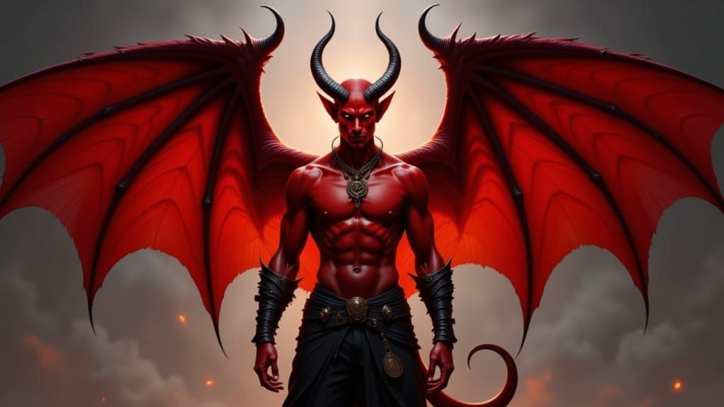 Red Skinned Tiefling with Vampire Wings and Tail