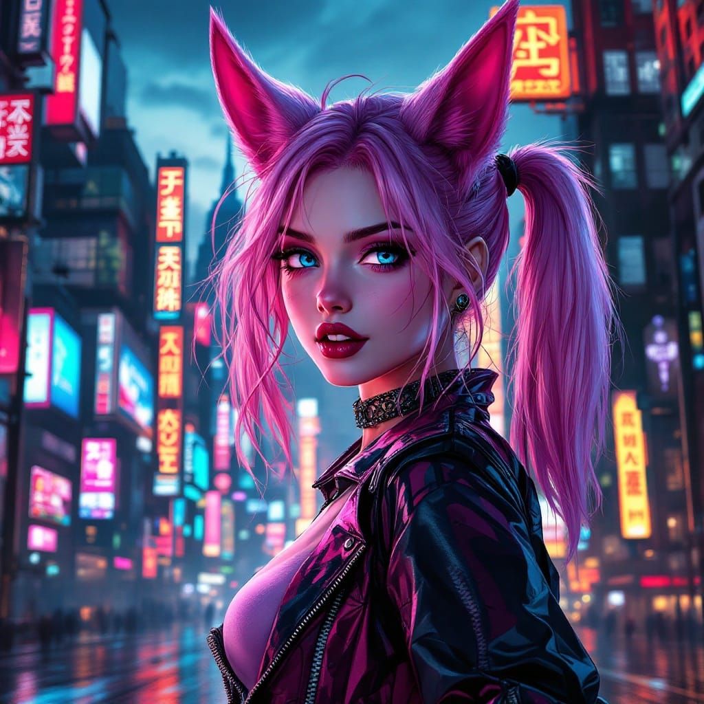 Cyberpunk Fox Maiden in Neon Cityscape
