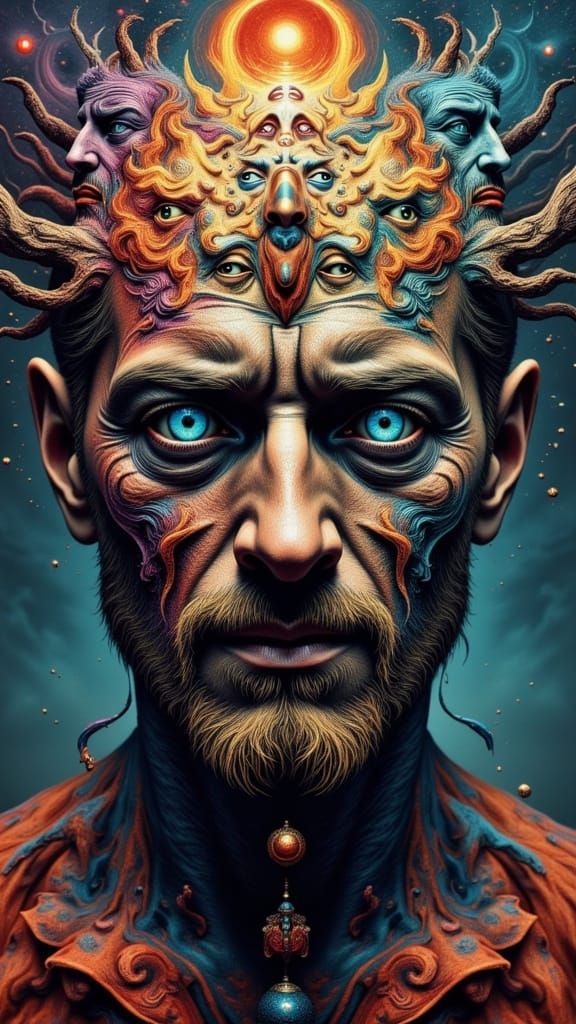 Fractal Faced Man in Glitchy Dreamscape