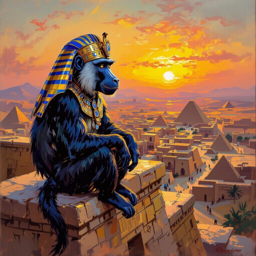 Baboon with Golden Headdress on Desert Ziggurat as Oil Paint...