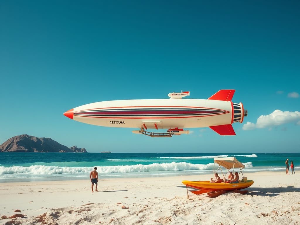 Synthwave Quetzal Zeppelin Over Beach Toy Landscape