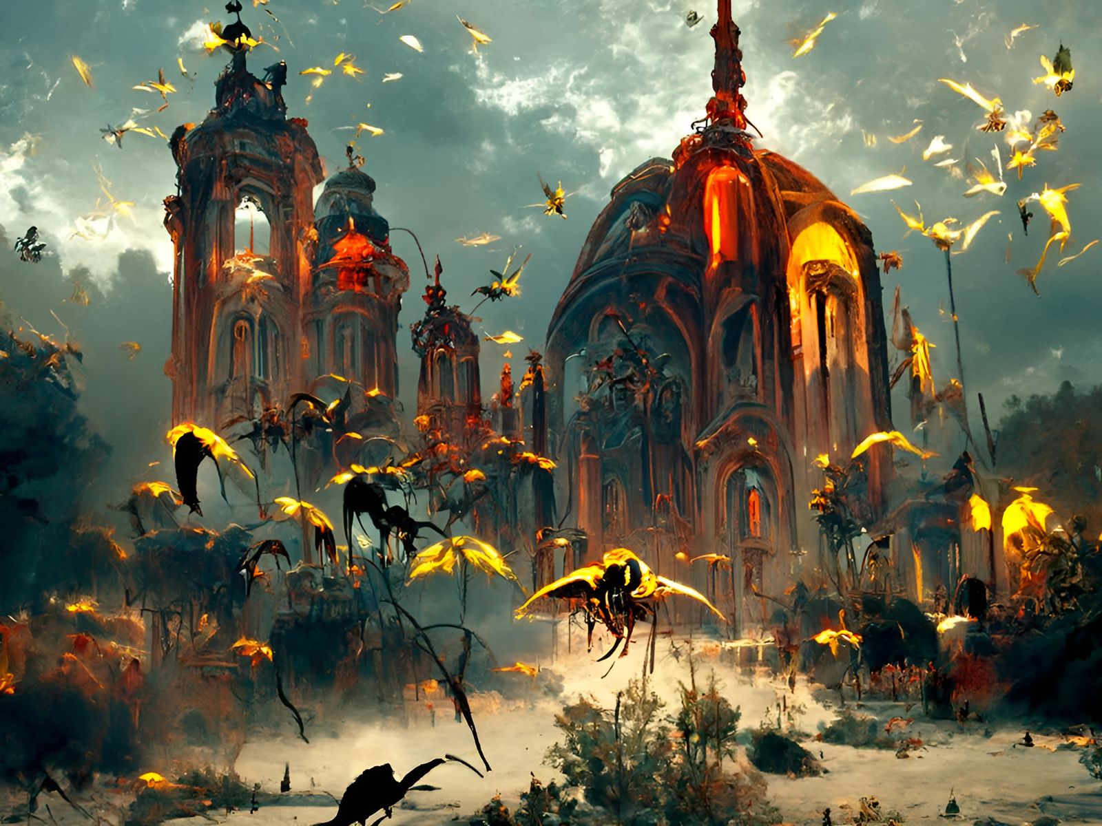 Insect Cathedral at Dusk: Sinister, Detailed Architecture
