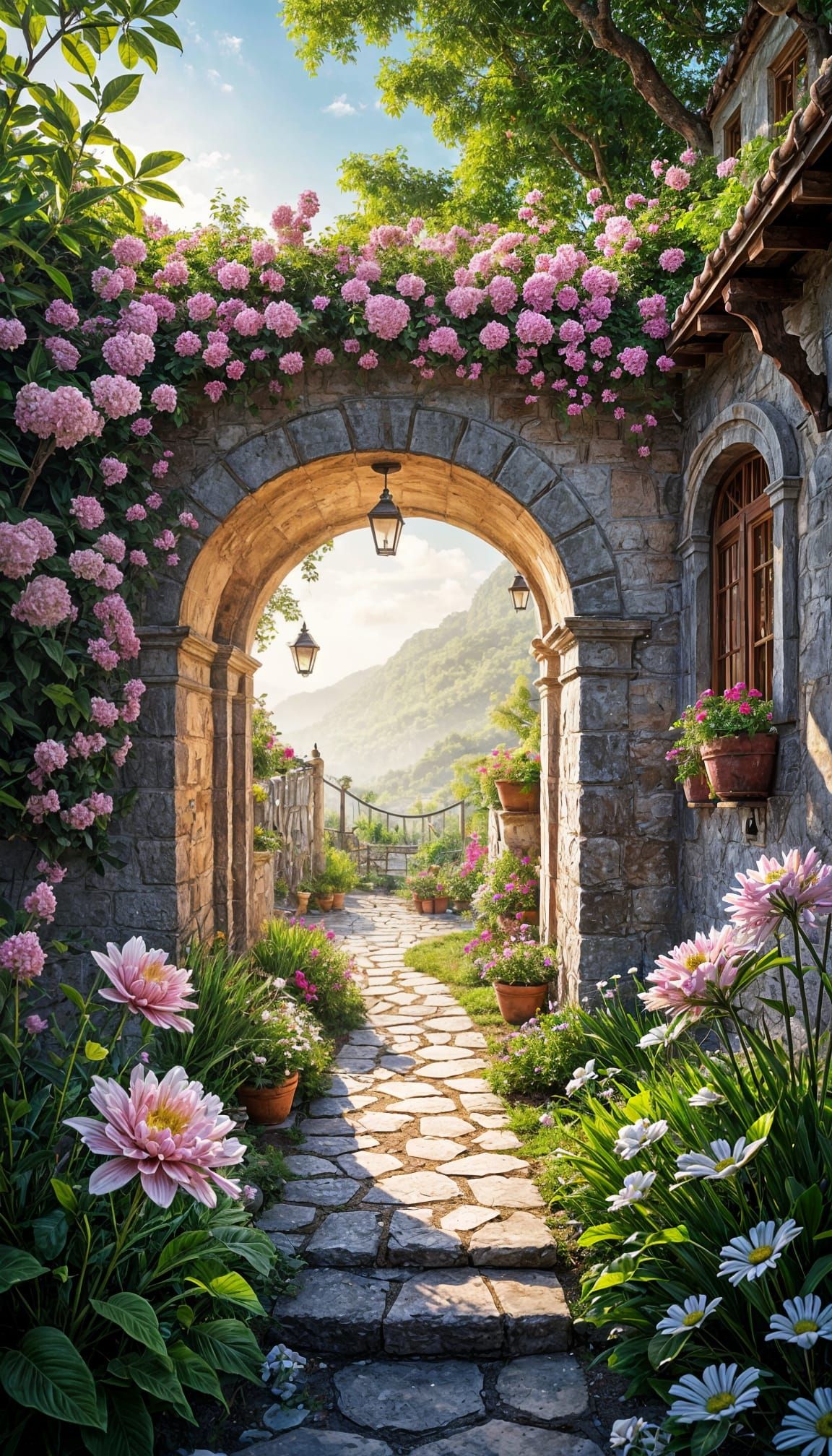 Intricate Ancient House Surrounded by Flowers
