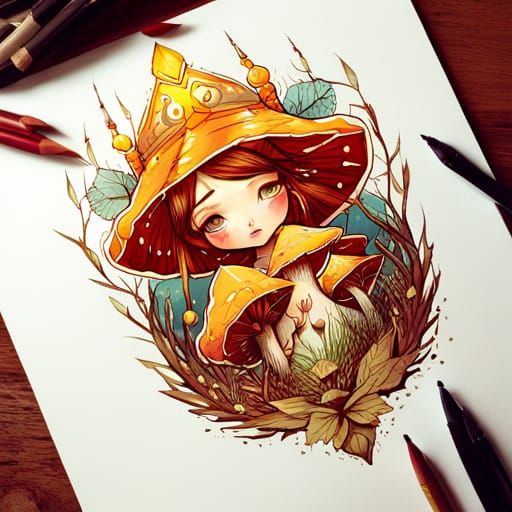 Mushroom Princess with Golden Outlines in Digital Art