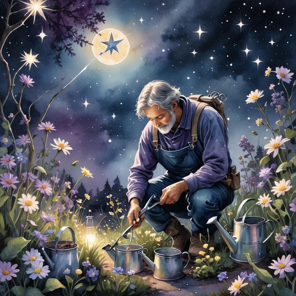Serene Gardener Tending to a Glowing Star