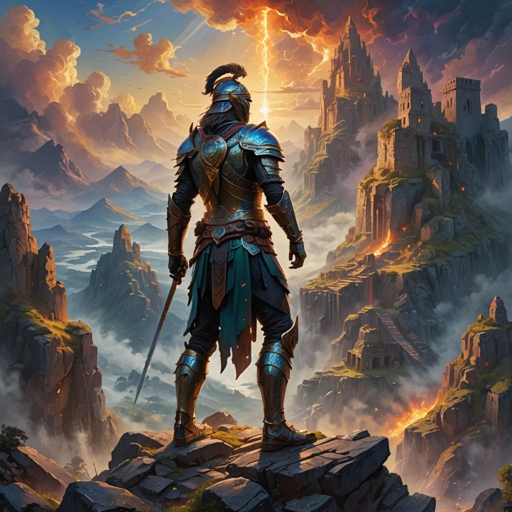 Powerful Warrior in Mystical Fantasy Landscape