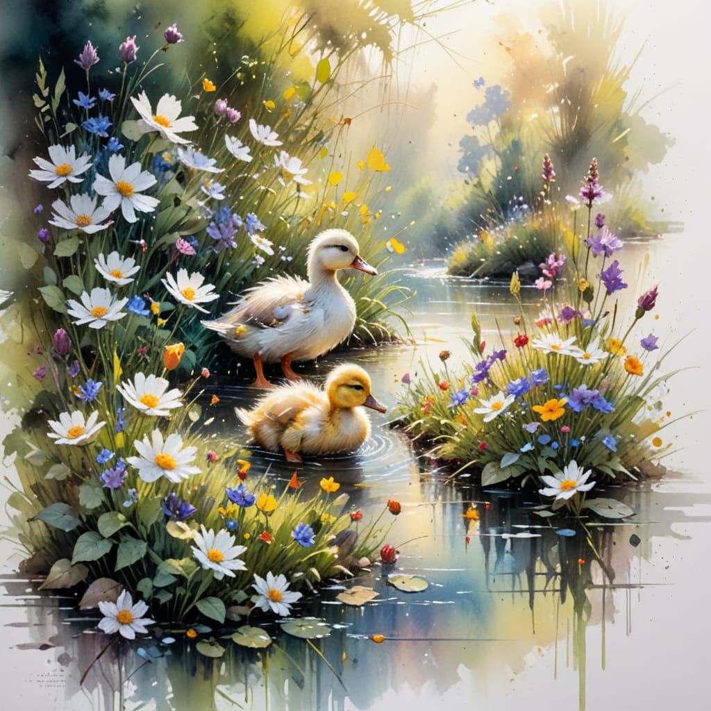 Duckling in Sunlit Garden, Expressive Watercolour Art