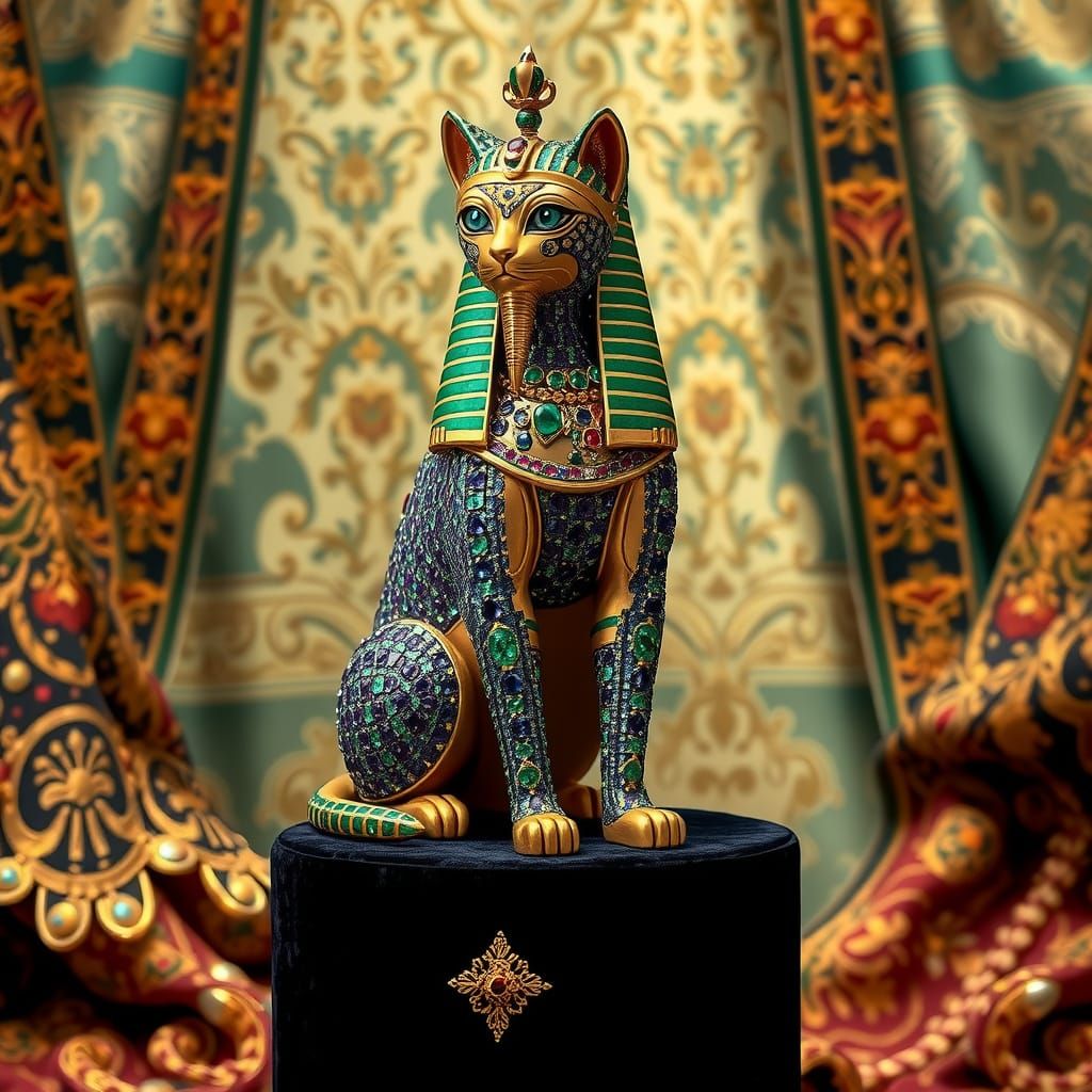 Egyptian Cat Sculpture in Art Deco Style with Luxurious Jewe...