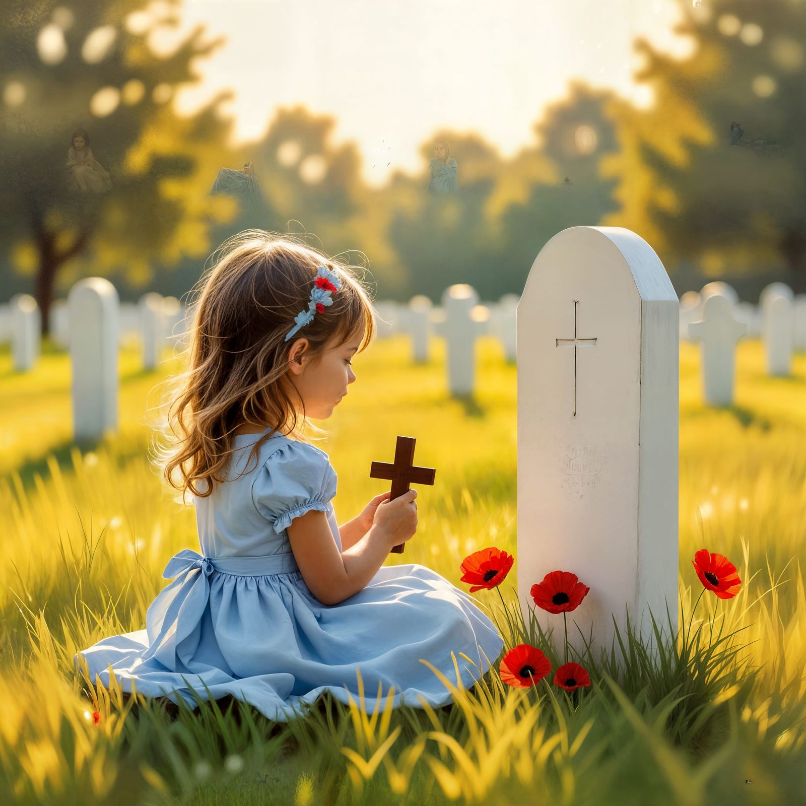Young Girl Honors Father at Grave on Remembrance Day