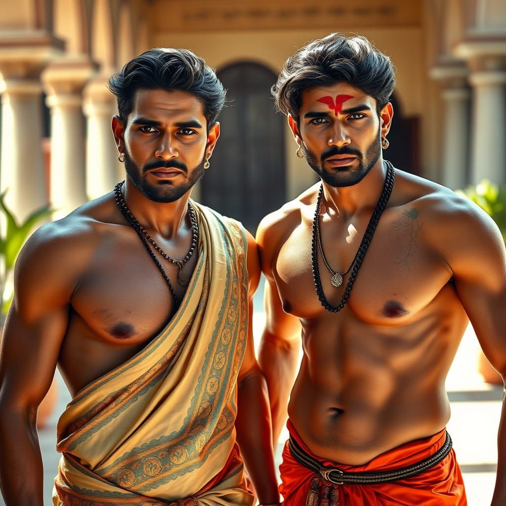 Indian Men in Sun-Drenched Courtyard, Photorealistic Style