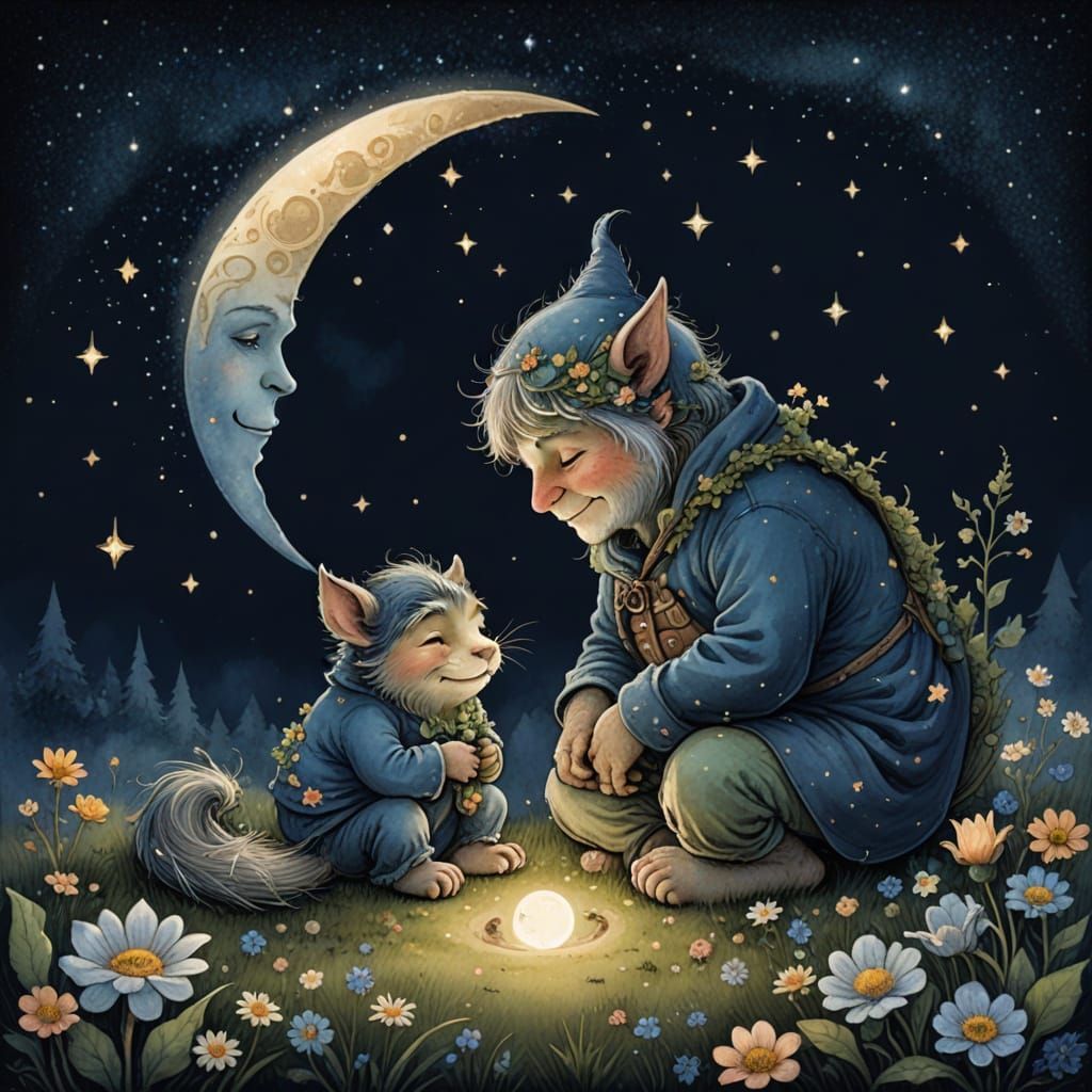 Troll Child and Dog Sleeping on the Moon