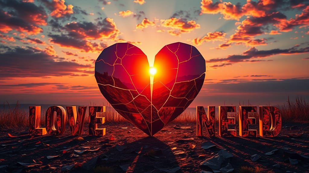 Surreal Heart Sculpture in a Sunset Landscape