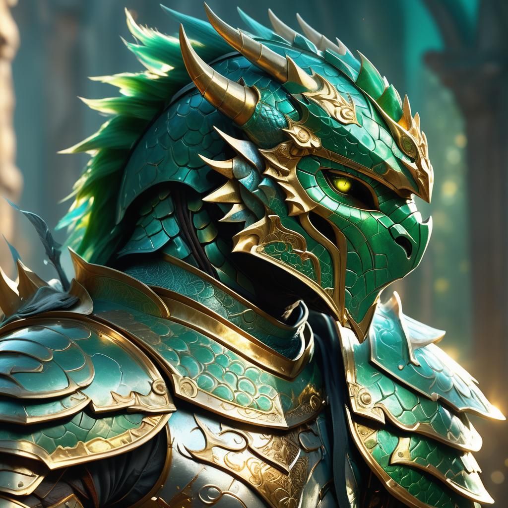 Paladin Warrior in Armor with Dragon, Digital Art