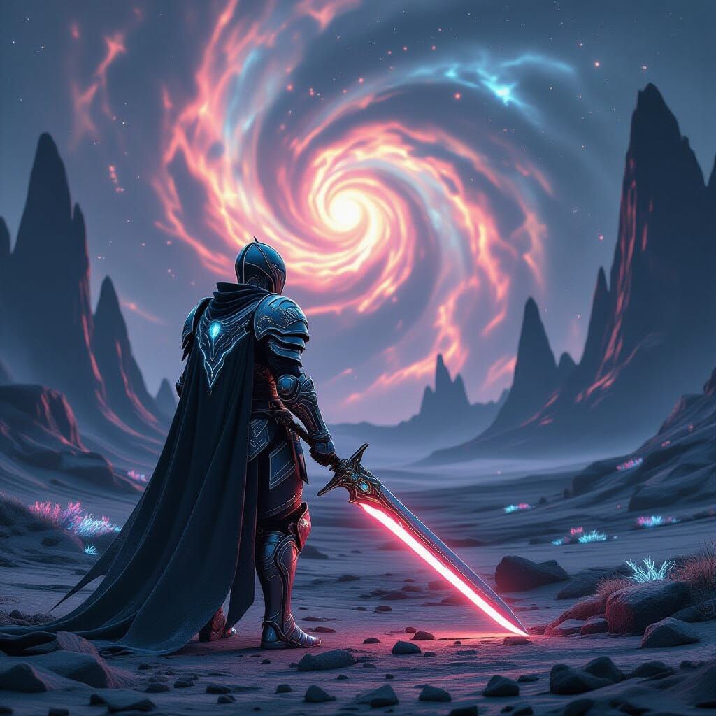 Futuristic Knight on Alien Planet Under Nebula